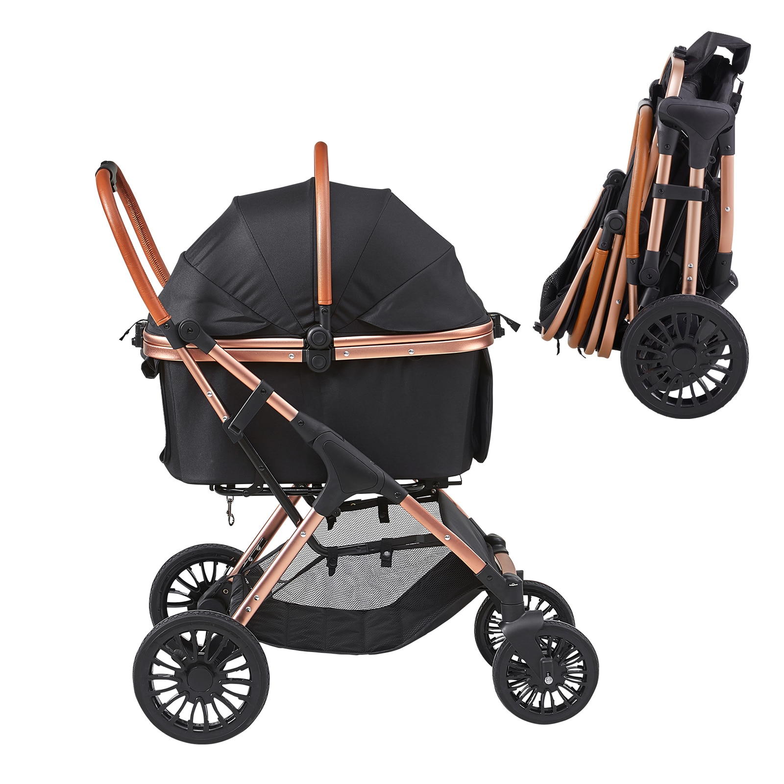 Pet Stroller, 4 Wheels Dog Stroller Rotate With Brakes, 66 Lbs Weight Capacity, Puppy Stroller With Detachable Carrier, Storage Basket And Pet Pad, For Small To Medium Sized Dogs, Black_voghion.com